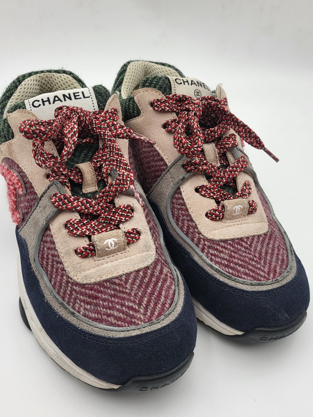 Chanel Multicolored Tweed and Suede CC Low-Top Sneakers, Authentic...